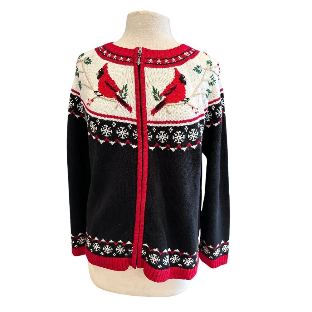 Holiday-Themed Christopher & Banks Womens Cardigan With Cardinal & Snowflake Pat